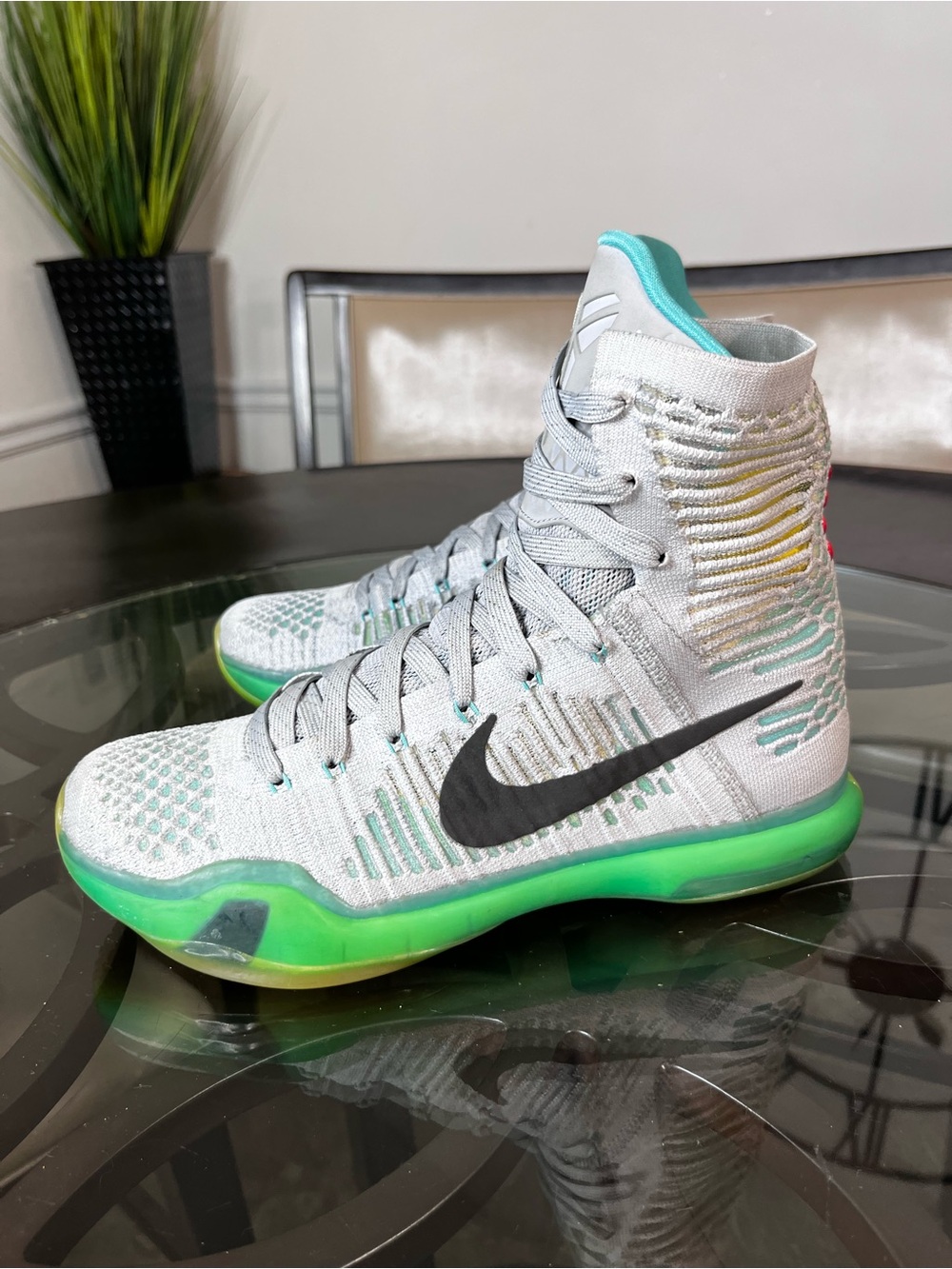 Nike Kobe 10 Elite Elevate High Top Sneaker Flyknit Wolf Grey & Green Sz 8.5